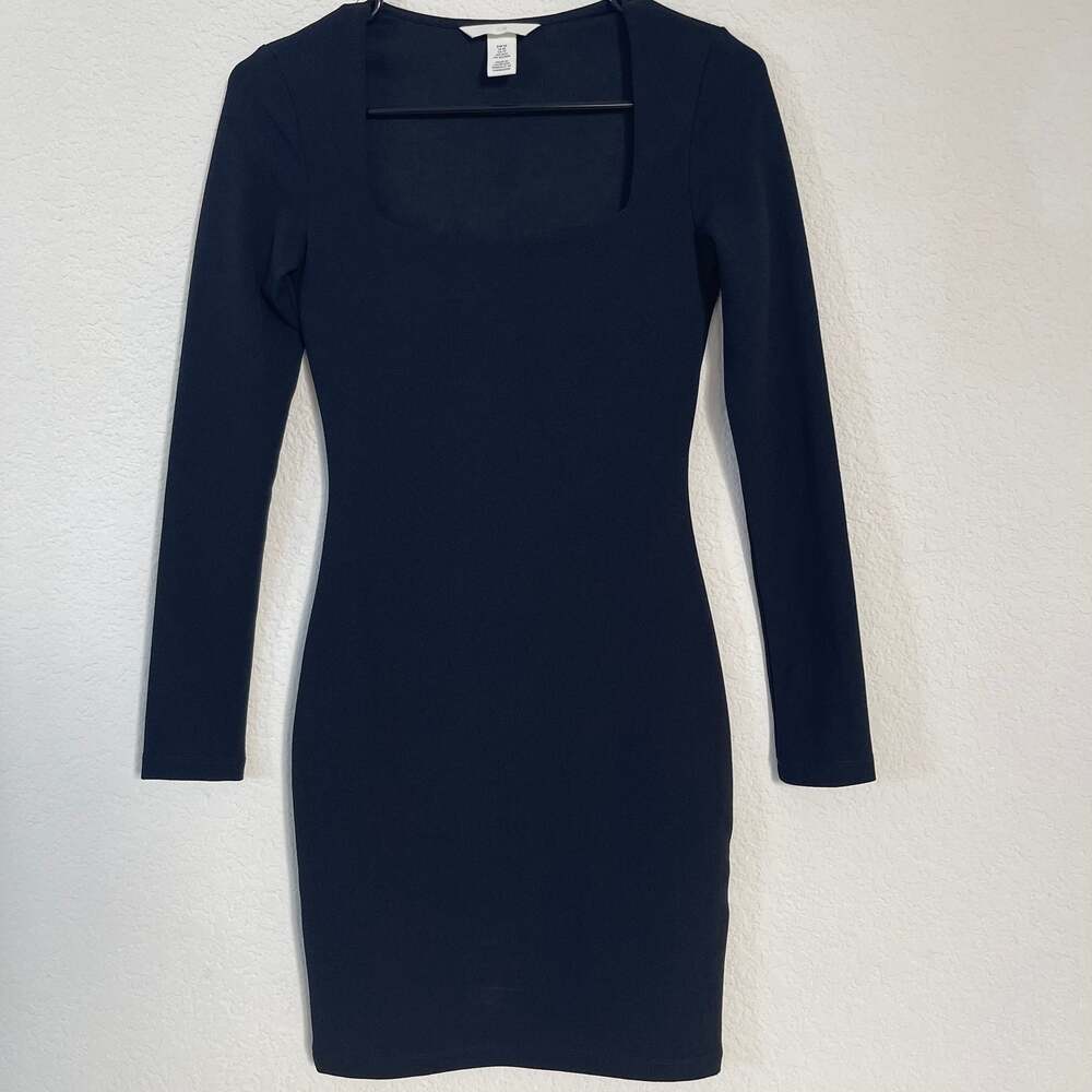 H&M Black Long Sleeve Scoop Neck Knit Bodycon Dress Everyday Basic Size XS